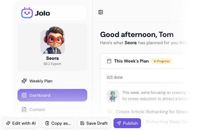 Jolo dashboard showing weekly SEO plan and publish actions