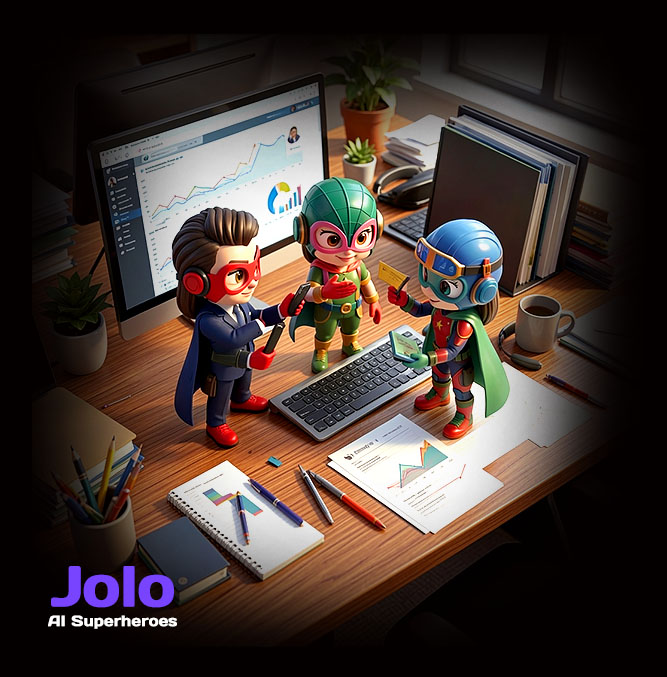 Jolo AI superheroes planning together at a desk