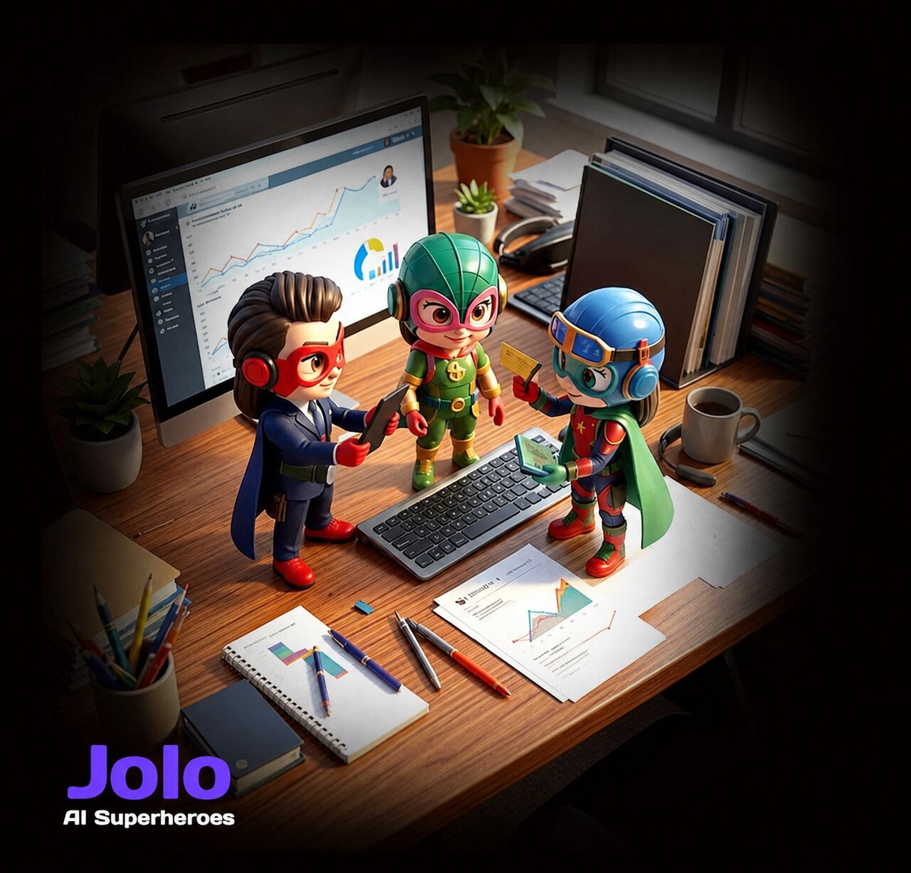 Jolo AI superheroes planning together at a desk